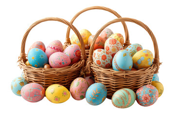 Colorful easter eggs filling wicker baskets, celebrating spring with festive decorations and floral patterns