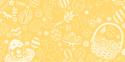 Easter background with white eggs, bunnies, and flowers on a bright yellow background, creating a festive and cheerful atmosphere.
