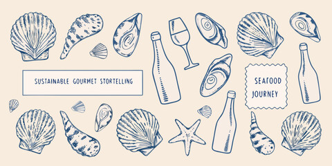 Hand drawn illustration of seashells wine and marine life elements © Bithi