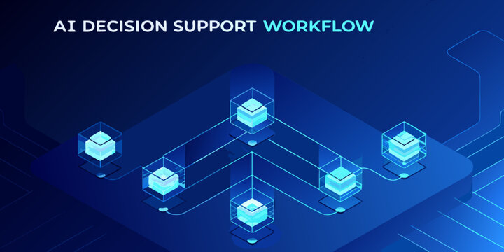 Isometric illustration depicting an ai decision support workflow concept