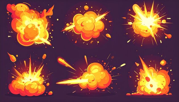 Cartoon explosion effects set with fire and smoke.