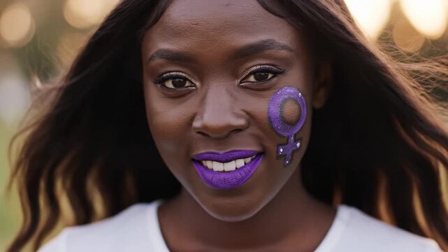 Confident Black woman with purple makeup and Venus symbol outdoors
