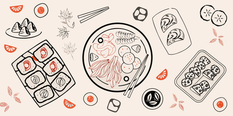 An overhead view of various japanese foods including sushi and sashimi © Bithi