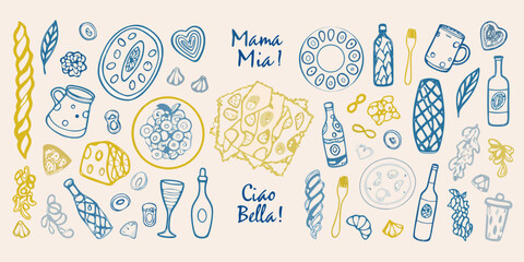 Italian food and drink doodle illustrations with handwritten text elements © Bithi