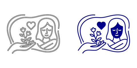 Fototapeta premium Female Face Profile with Sparkle Icon Representing Beauty Skincare Radiance Self Care and Personal Wellness Minimalist Navy Blue Vector Illustration