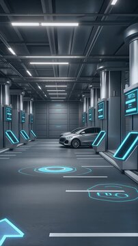 Futuristic underground parking garage with electric vehicles and glowing EV charging stations, modern smart city infrastructure, neon blue lighting reflecting on polished floor, advanced automotive.