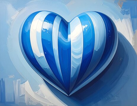 A 3D heart, rendered in light and dark blue stripes, sits against a paler blue background, with paint stroke textures