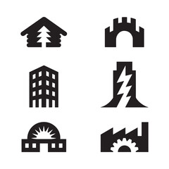 Naklejka premium Minimalist black icons depicting various building structures and architectural elements