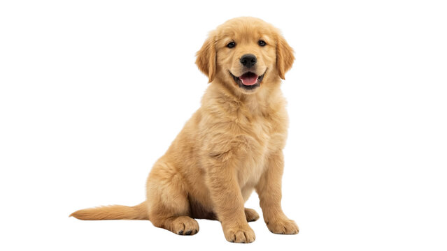 Cute happy golden retriever puppy dog sitting isolated on white background.  png
