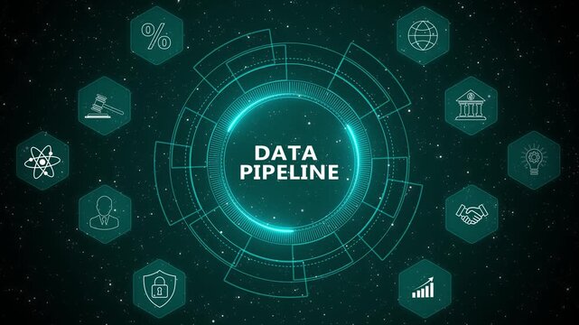 Futuristic data pipeline dashboard interface with digital data processing integration system technology concept 4K animation