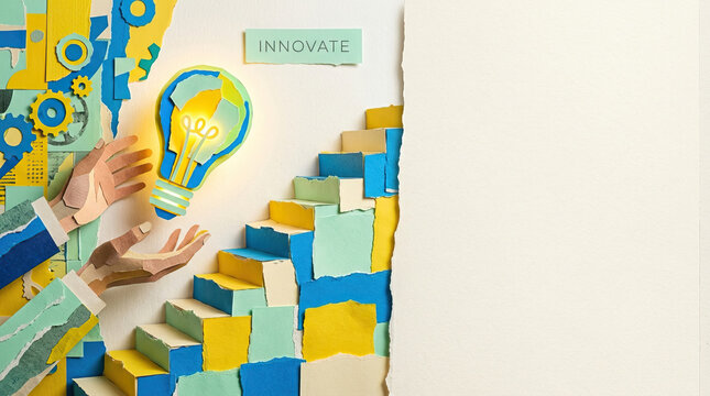 Innovation creativity lightbulb idea teamwork collaboration progress growth staircase paper art concept innovation creativity lightbulb idea teamwork collaboration progress growth staircase paper