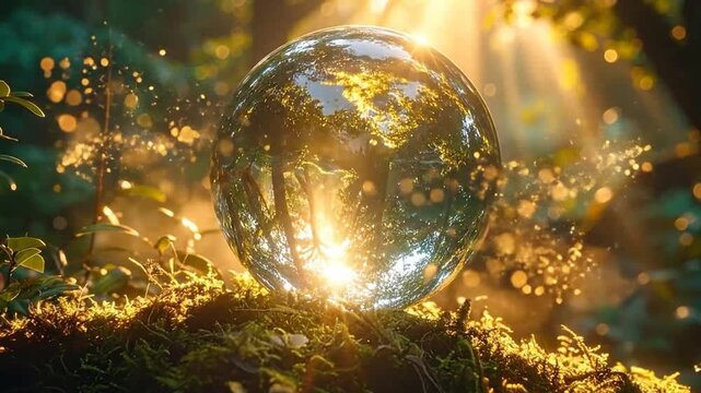 A transparent sphere reflecting the forest, illuminated by sunlight, creating a magical atmosphere.