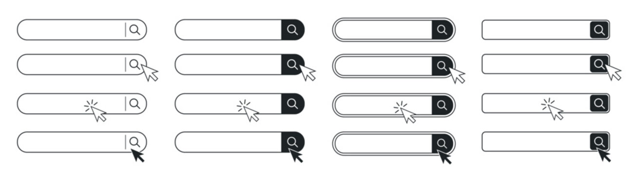 Search bar interface icons with magnifier and cursor, minimal line user interface elements for web and app design on transparent background