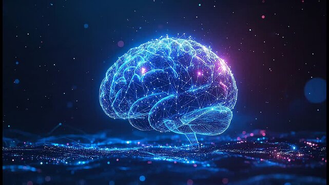 Glowing blue wireframe brain with neural network connections in a dark space with stars and bokeh lights, representing artificial intelligence and human mind concepts