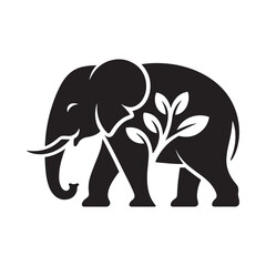Fototapeta premium Stylized black silhouette of an elephant with foliage details