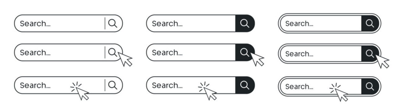 Search bar interface icon set with magnifying glass and cursor click elements, minimal web user interface vector illustration collection on transparent background