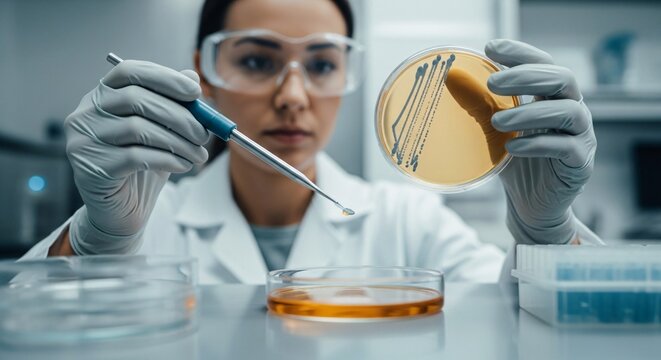 Scientist in lab coat conducting microbiological research with petri dishes and pipette.