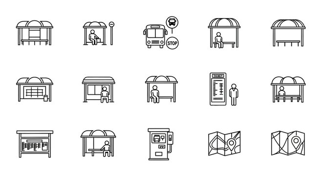 Bus Stop Icons: Shelters, People, Map, Ticket Machine