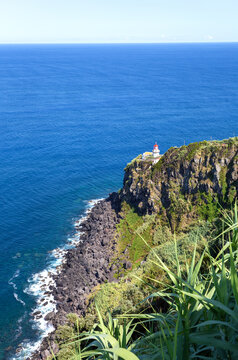 Lighthouse Farol da Ponta do Arnel, Nordeste, Island Sao Miguel, Azores, Portugal, Europe.