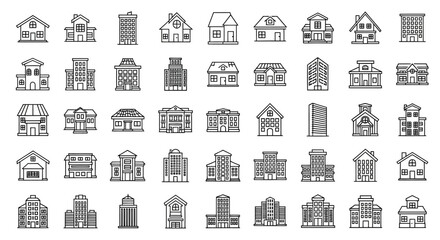 Collection of Hand-Drawn Building Icons: Houses, Offices, and Commercial Structures © Anisah