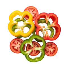 Assorted bell peppers arranged in a flower pattern isolated on transparent background