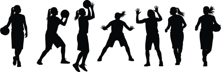 Black silhouettes of female basketball players set featuring girls dribbling passing shooting defending and running isolated on white background vector illustration