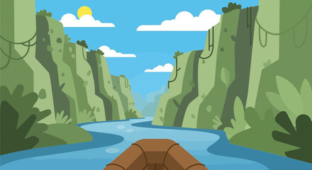 Boat trip through lush green canyon river, sunny day, adventure travel © punduh