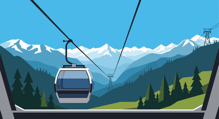 Cable Car Ascending Scenic Mountain Range with Snowy Peaks and Evergreen Forest © punduh