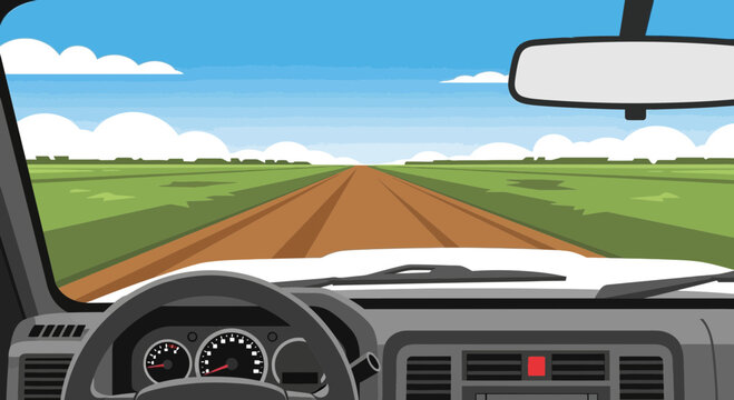 Driving on a dirt road through a green landscape, view from inside the car