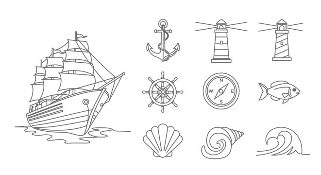 Nautical Icons Set: Sailboat, Lighthouse, Anchor, Compass, Seashells, Fish, Wave