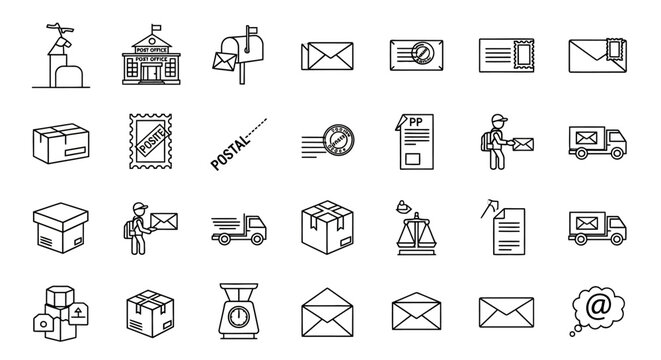 Postal Service Icons Set: Mail, Delivery, Packages, Stamps, Post Office, and More