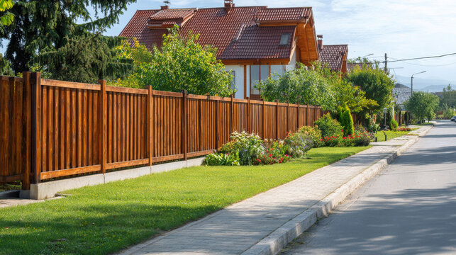 Nice new wooden fence surrounding a residential house with green lawn along quiet street in natural daylight
