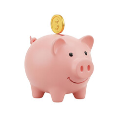 Pink piggy bank with gold coin isolated on transparent background