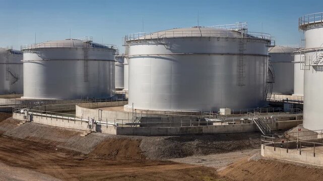 Medium shot of a tank farm with floating roofs under bright sunlight highlighting the reflective surfaces and safety dikes surrounding the large storage tanks.