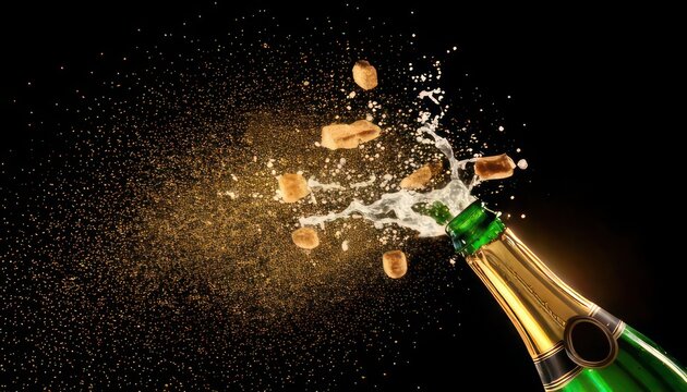 Champagne bottle exploding with cork and bubbles against black background.