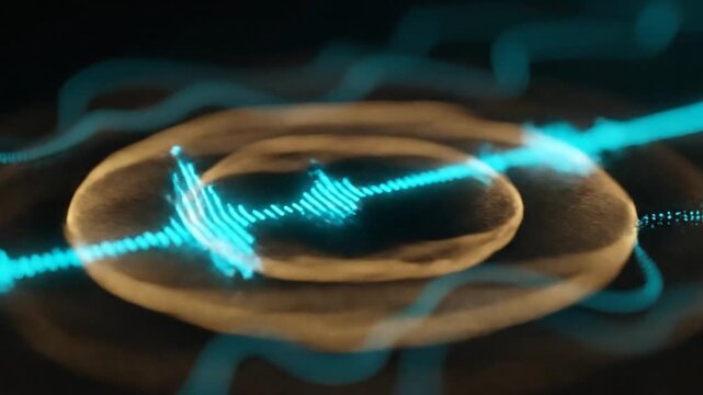 Finger touching glowing digital interface with sound wave visuals