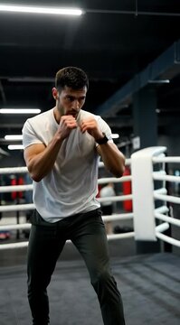 Man practicing boxing techniques in a gym ring for a video tutorial