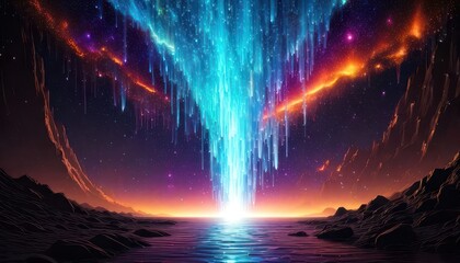 Fototapeta premium Celestial Waterfall - A Cosmic Cascade of Light and Color.