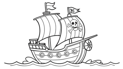 Pirate ship sailing on water with skull flag sailing ship cartoon coloring page black and white © Vector KIng