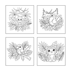 Obraz premium Rainforest Animals Coloring Pages Set with Monkey, Toucan, Parrot and Leopard for Kids 