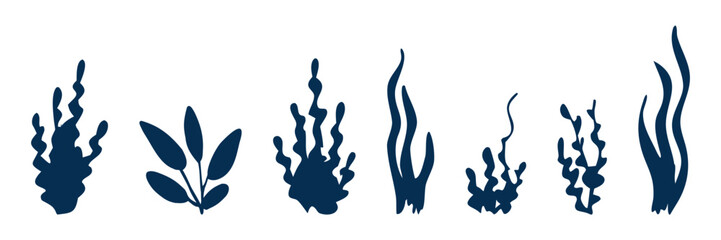 Fototapeta premium Hand drawn set of underwater seaweed and aquatic plants in bold minimal style, perfect for marine patterns, aquarium branding, packaging, children’s designs and ocean themed illustrations