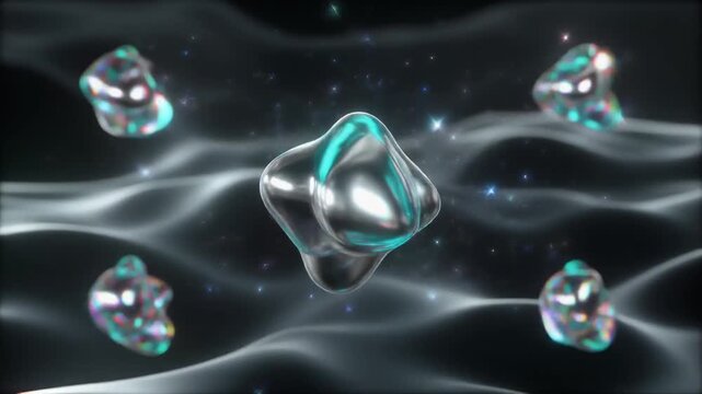 Single aqua silver particle existing in multiple positions with ghost copies, probability wave background, quantum physics cinematic loop 5 seconds
