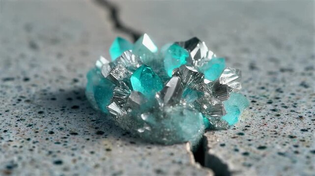 Bacterial concrete crack healing with aqua silver calcite crystals forming, aggregate background, construction materials cinematic loop 5 seconds