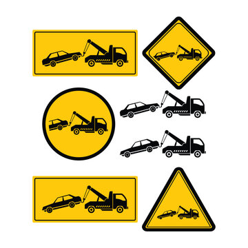 Tow truck warning and towing service symbol collection featuring a vehicle being lifted by a tow truck crane