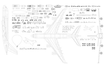 Fototapeta premium Aviation Blueprint CAD Drawing of Airplanes and Vehicles in Technical Layout Environment