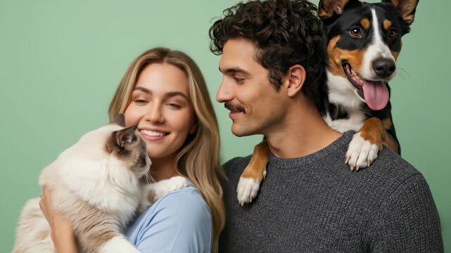 Happy young couple smiling while holding their beloved Ragdoll cat and Bernese Mountain Dog mix against a soft green studio background.