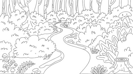 Obraz premium Forest path winding through trees and bushes tranquil woodland scene line art