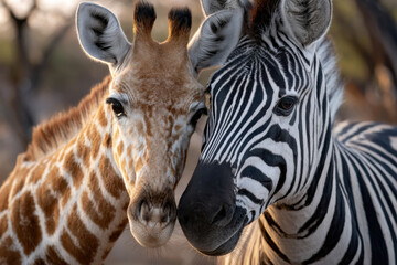 Fototapeta premium Zebra and Giraffe Share a Tender Moment in Nature