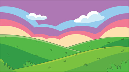 Obraz premium Abstract landscape with green hills under colorful sky and fluffy clouds at sunset or sunrise