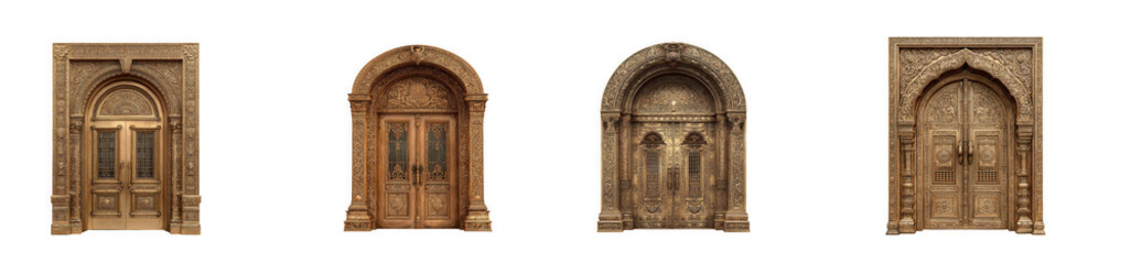Fototapeta premium Antique Arched Wooden Doors with Intricate Golden Carvings and Cultural Heritage Design isolated on transparent background